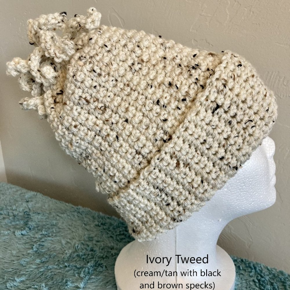 Adorable adult Beanie with Fringe! Color: Ivory Tweed